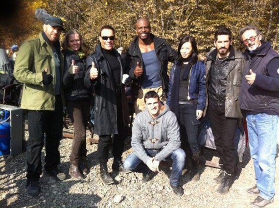 Jean-Claude-Van-Damme-Scott-Adkins-et-Terry-Crews-sur le tournage-d'Expendables-2