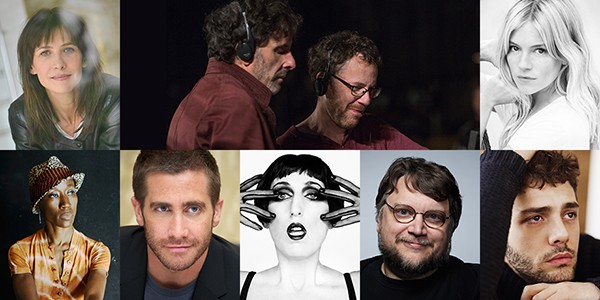 En haut de gauche à droite : Sophie Marceau, Joel Coen, Ethan Coen et Sienna Miller En bas, de gauche à droite : Rokia Traoré, Jake Gyllenhaal, Rossy de Palma, Guillermo del Toro et Xavier Dolan