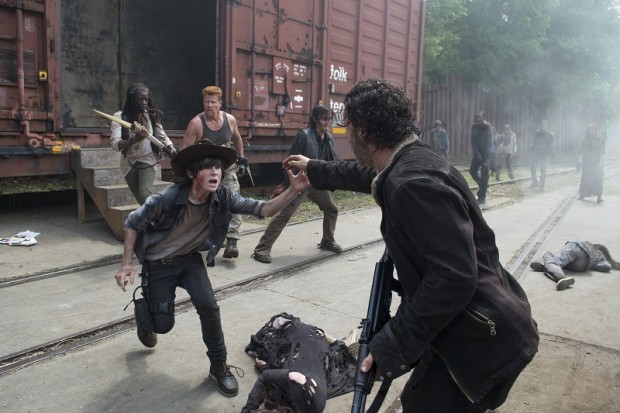 Danai Gurira as Michonne, Michael Cudlitz as Abraham, Norman Reedus as Daryl Dixon, Chandler Riggs as Carl Grimes and Andrew Lincoln as Rick Grimes - The Walking Dead _ Season 5, Episode 1 - Photo Credit: Gene Page/AMC
