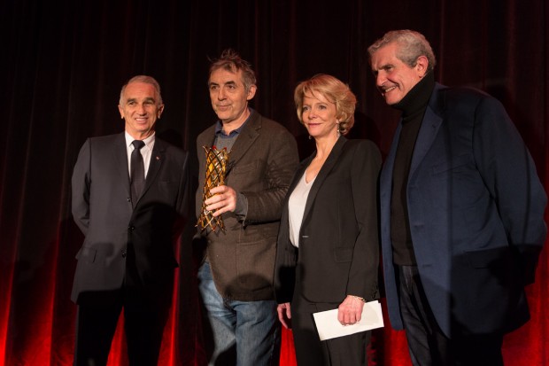 Alain Terzian, Président de l'Académie des César, Pascal Caucheteux, Prix Daniel Toscan du Plantier 2016, Frédérique Bredin, Présidente du CNC et Claude Lelouch, Président de la 41ème Cérémonie des César (© Serena Porcher-Carli - ENS Louis-Lumière pour l'Académie des César 2016)